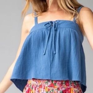 NWT NATURAL LIFE Blue Tie Front 100% Cotton Morgan Gauze Camisole